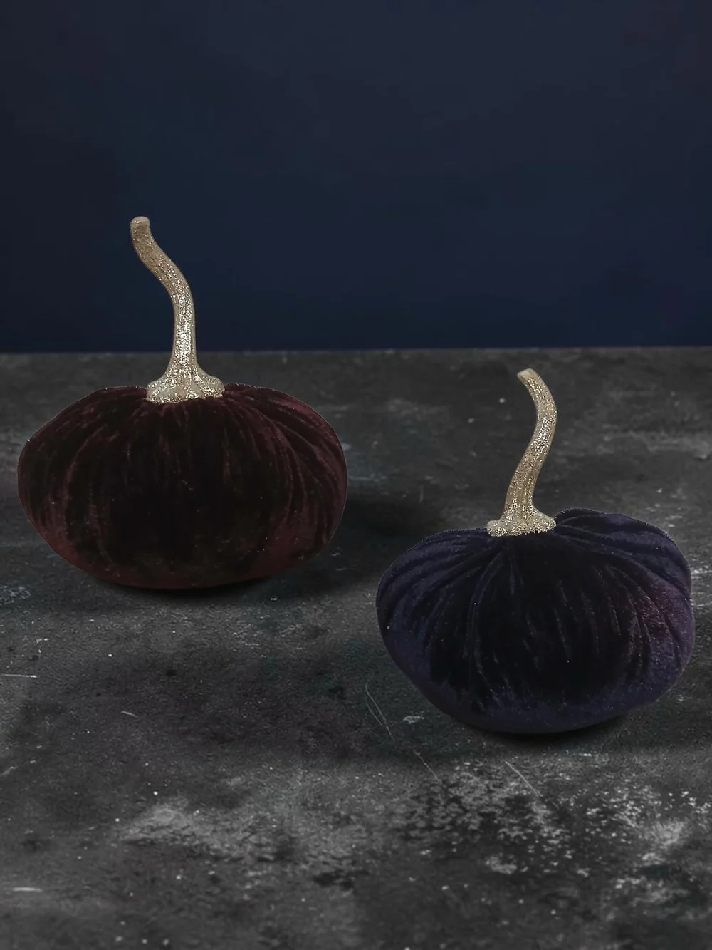 Source Unknown Velvet Pumpkins in Plum and Navy with Gold Stems